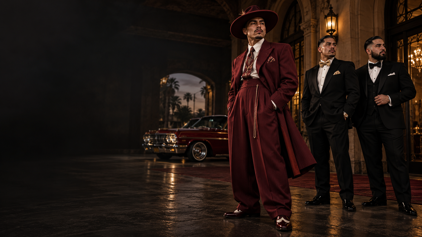 Chicano zoot suit style alongside classic tuxedos