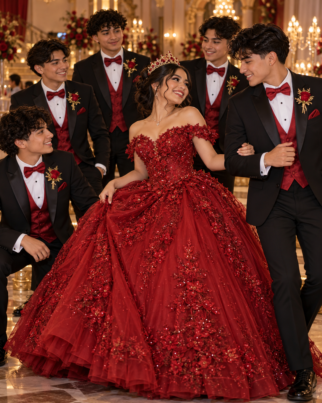 Quinceañera in a red gown with her coordinated chambelanes