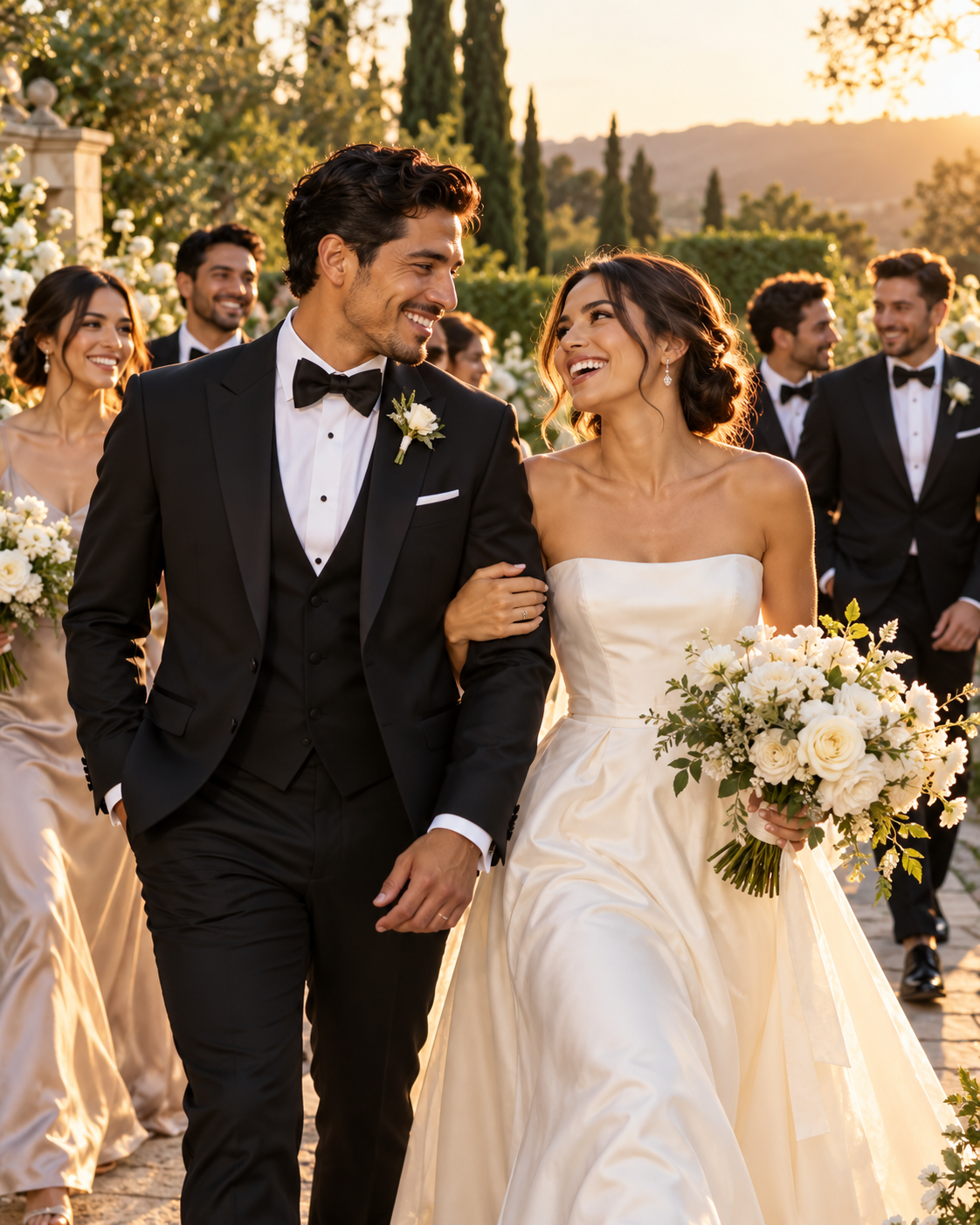 Bride and groom with a wedding party in formalwear