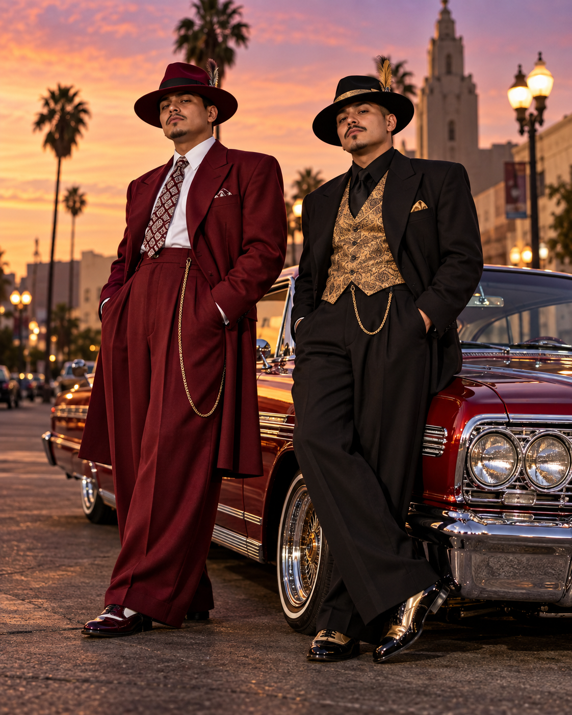 Two men in classic Chicano zoot suits beside a lowrider